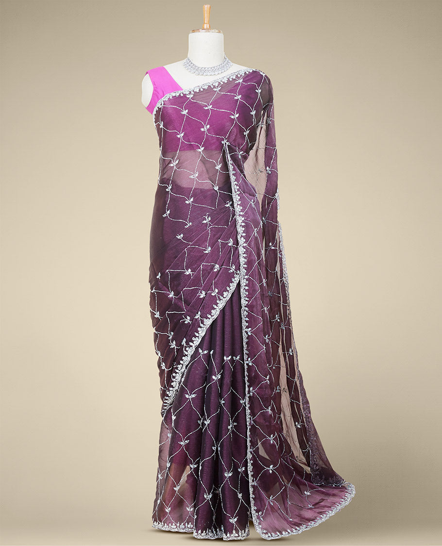 Purple ogee pattern embroidered Jimmy Choo designer saree, scallop stone embroidered border
