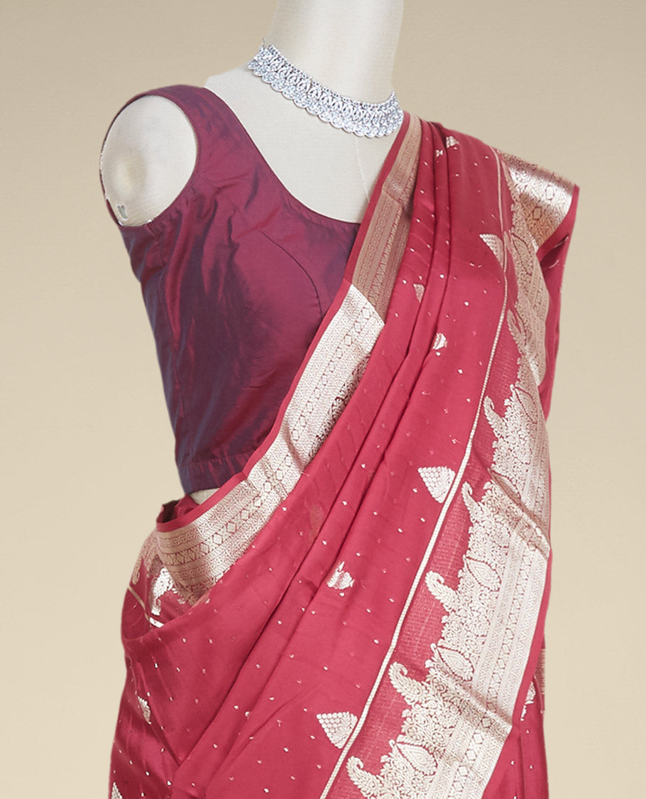 Maroon zari buttas mysore silk saree, traditional design zari border & intricately designed pallu