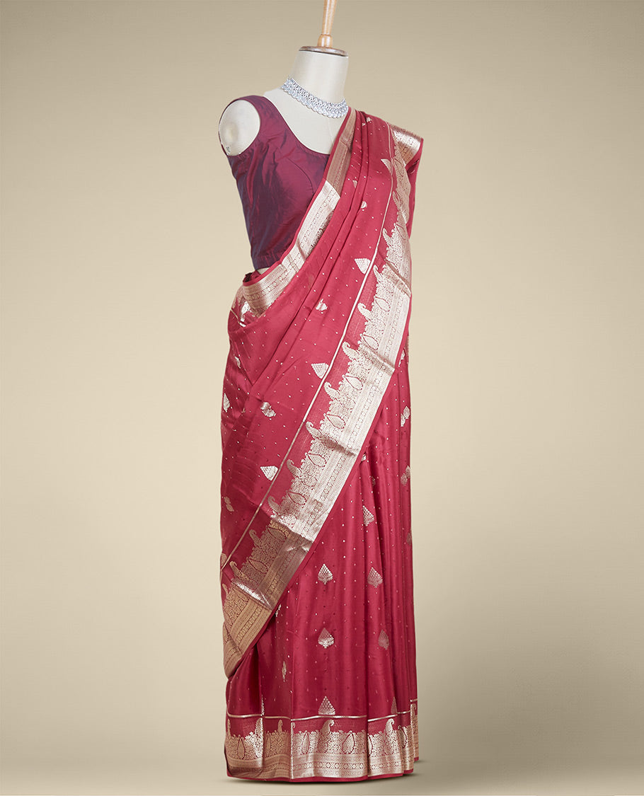 Maroon zari buttas mysore silk saree, traditional design zari border & intricately designed pallu