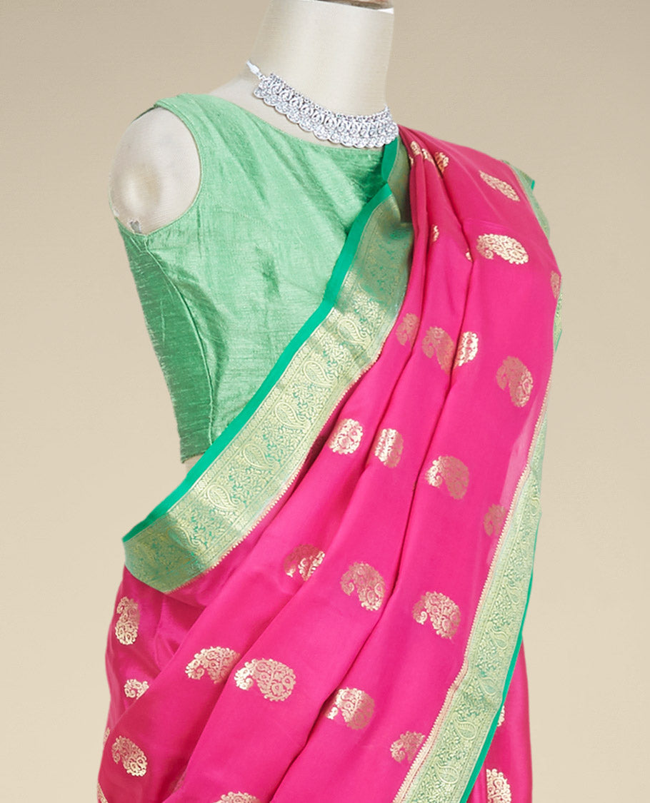 Purple paisley zari buttas mysore silk saree, contrast paisley design zari border & pallu of intricate zari designs