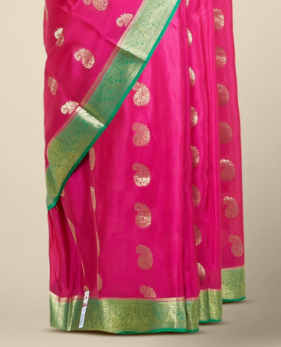 Purple paisley zari buttas mysore silk saree, contrast paisley design zari border & pallu of intricate zari designs