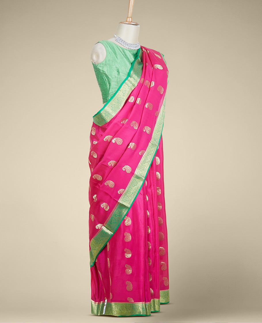Purple paisley zari buttas mysore silk saree, contrast paisley design zari border & pallu of intricate zari designs