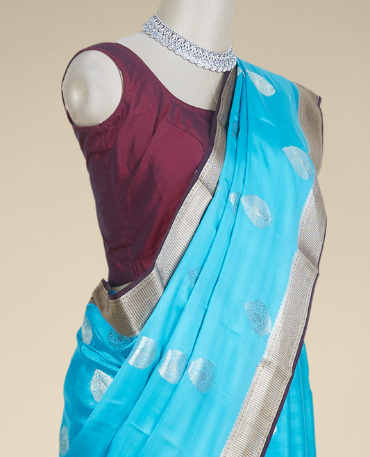 Blue zari buttas mysore silk saree, contrast traditional design zari border & pallu of zari design