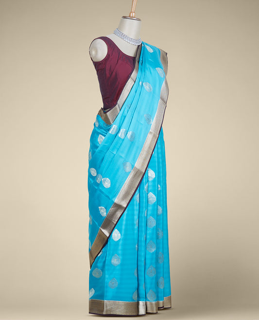 Blue zari buttas mysore silk saree, contrast traditional design zari border & pallu of zari design