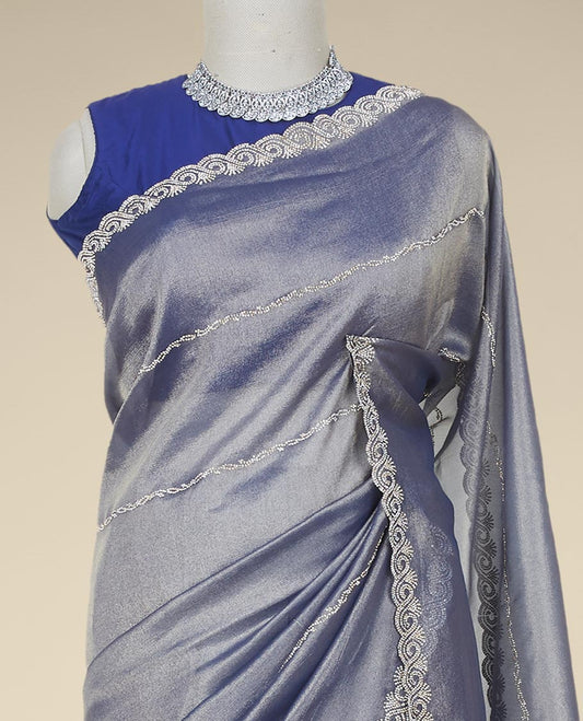 Blue stone embroidered Jimmy Choo designer saree, scallop stone embroidered border