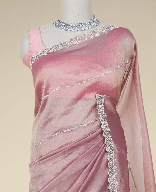 Pink stone embroidered Jimmy Choo designer saree, scallop stone embroidered border