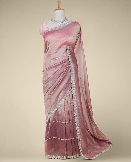 Pink stone embroidered Jimmy Choo designer saree, scallop stone embroidered border