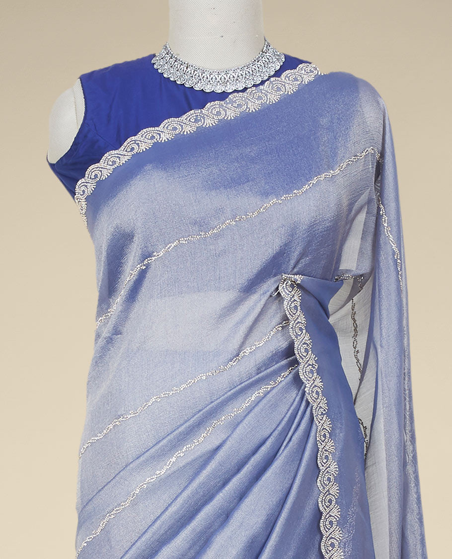 Blue stone embroidered Jimmy Choo designer saree, scallop stone embroidered border