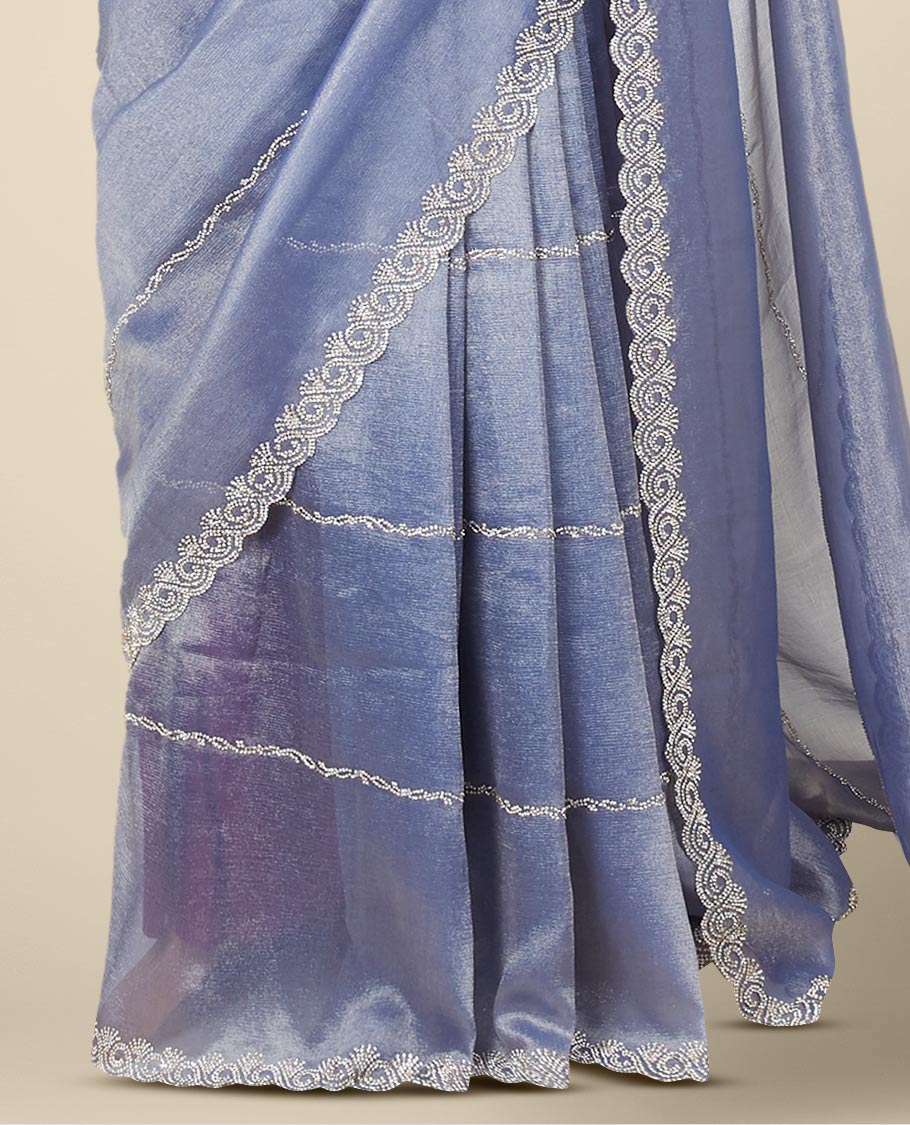 Blue stone embroidered Jimmy Choo designer saree, scallop stone embroidered border