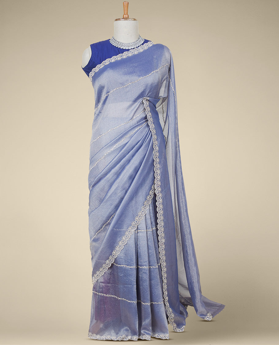 Blue stone embroidered Jimmy Choo designer saree, scallop stone embroidered border