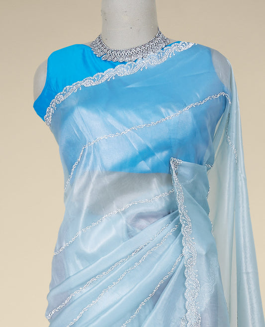 Baby blue stone embroidered Jimmy Choo designer saree, scallop stone embroidered border