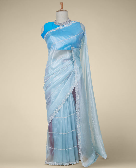 Baby blue stone embroidered Jimmy Choo designer saree, scallop stone embroidered border