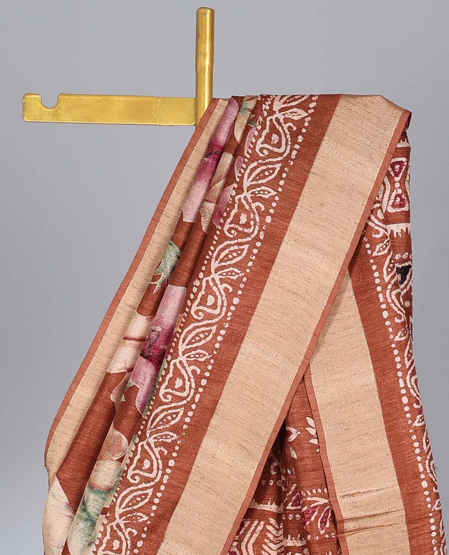 Brown floral printed semi-banaras tussar saree, plain border & batik printed pallu