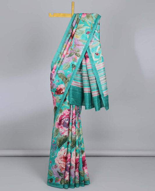 Turquoise colorful floral printed semi-banaras tussar saree, plain border & striped printed  pallu