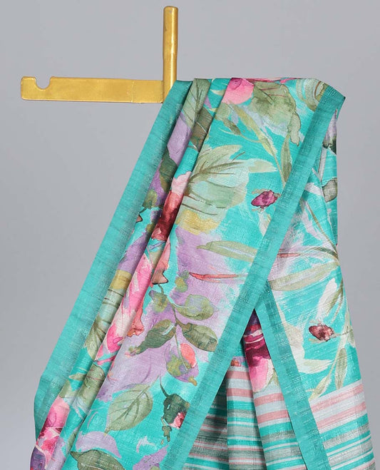 Turquoise colorful floral printed semi-banaras tussar saree, plain border & striped printed  pallu
