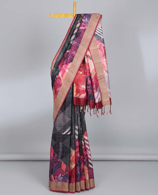 Black checked semi-banaras tussar saree with colorful floral print, plain border & floral printed pallu