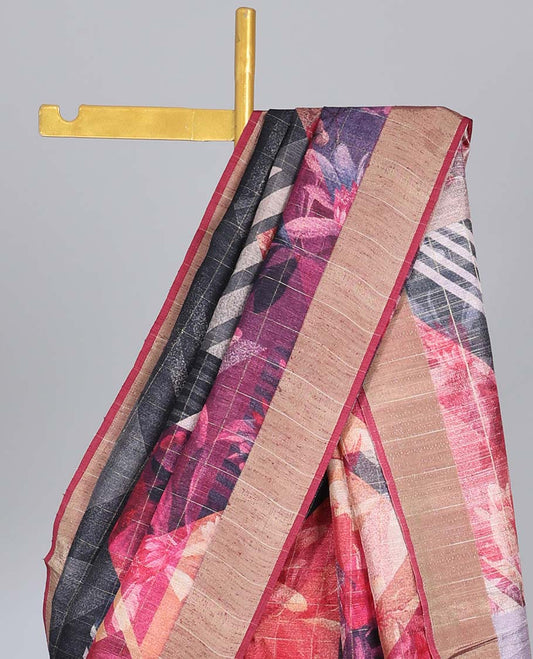 Black checked semi-banaras tussar saree with colorful floral print, plain border & floral printed pallu