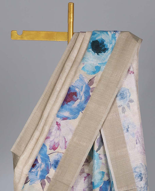 Sandal colorful floral printed semi-banaras tussar saree, plain border & floral printed pallu