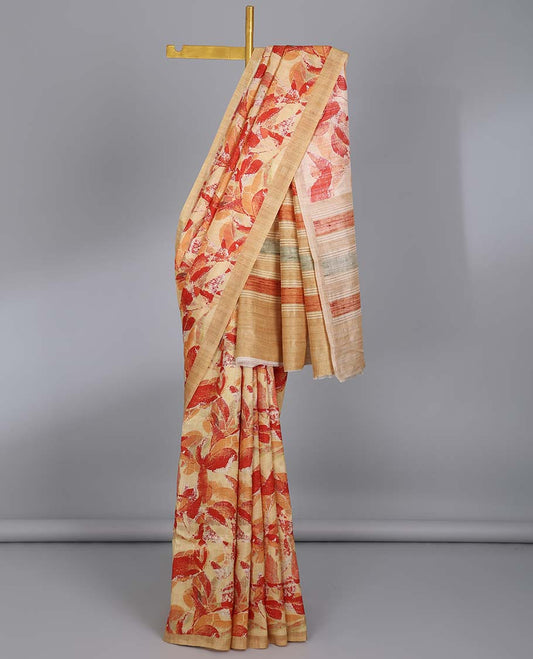 Yellow abstract floral printed semi-banaras tussar saree, plain border & striped printed pallu
