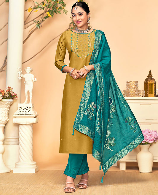 Mustard material churidar catalog set, embroidered top, contrast pants & floral design dupatta