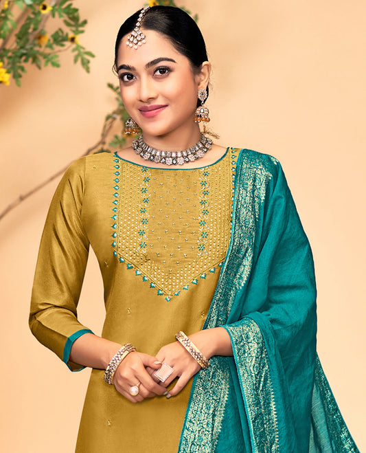Mustard material churidar catalog set, embroidered top, contrast pants & floral design dupatta