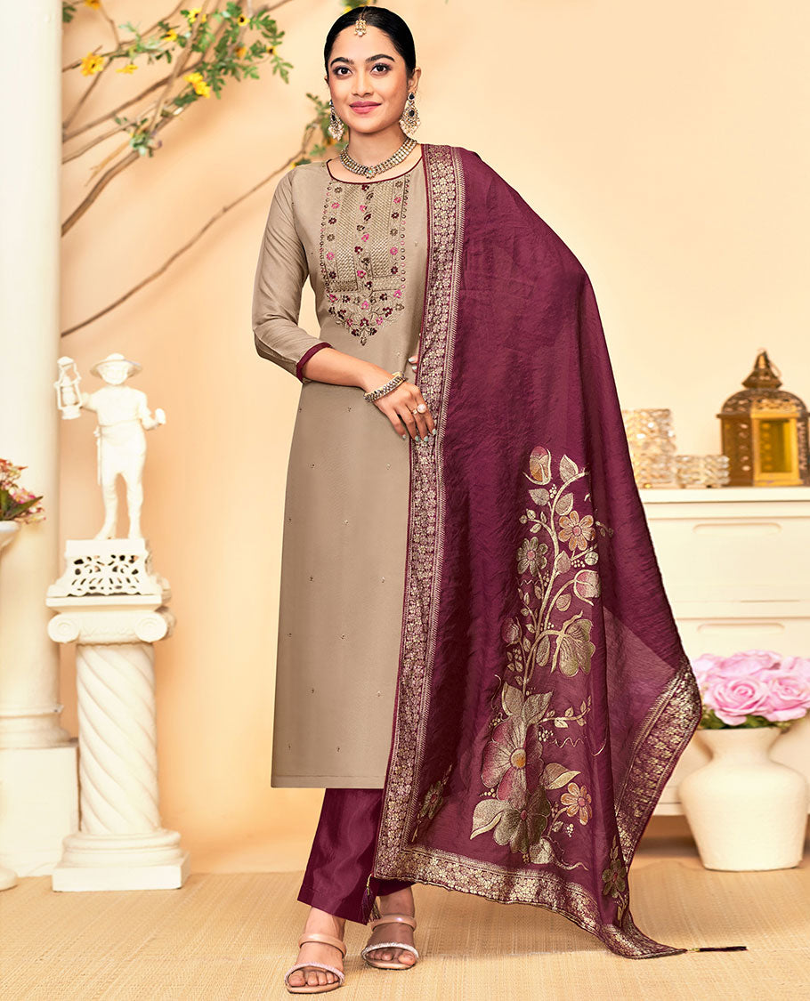 Grey material churidar catalog set, embroidered top, contrast pants & floral design dupatta