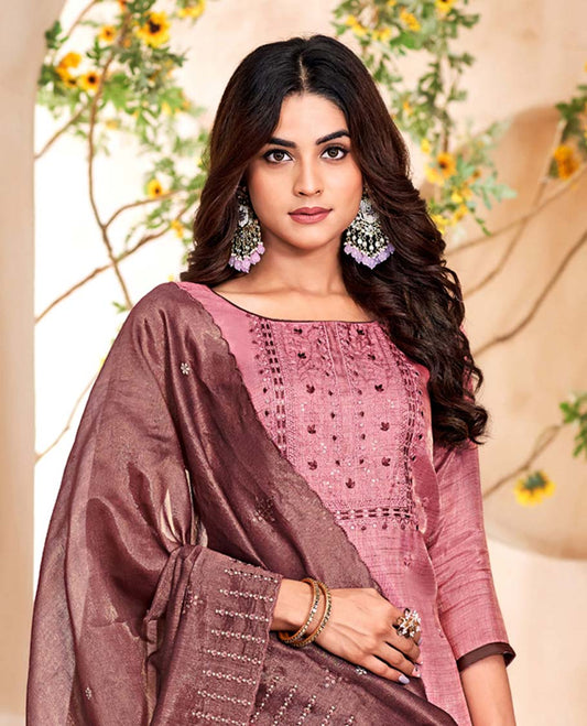Pink material churidar catalog set,embroidered top, contrast pants & scallop embroidered dupatta