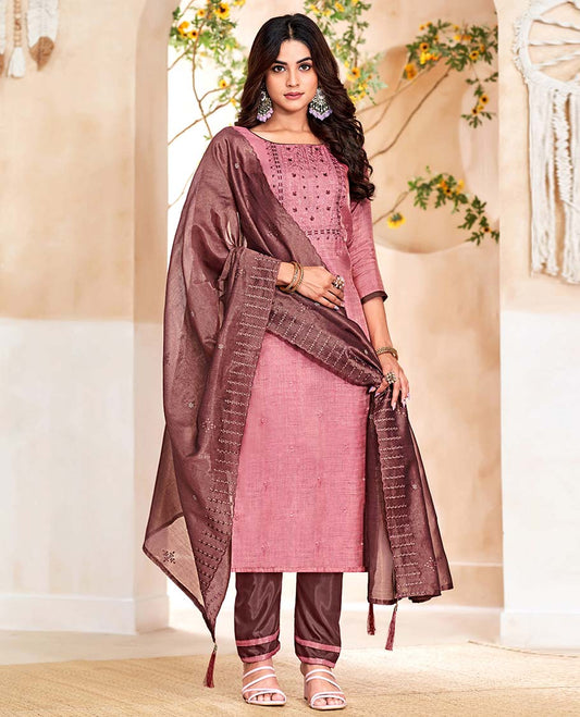 Pink material churidar catalog set,embroidered top, contrast pants & scallop embroidered dupatta