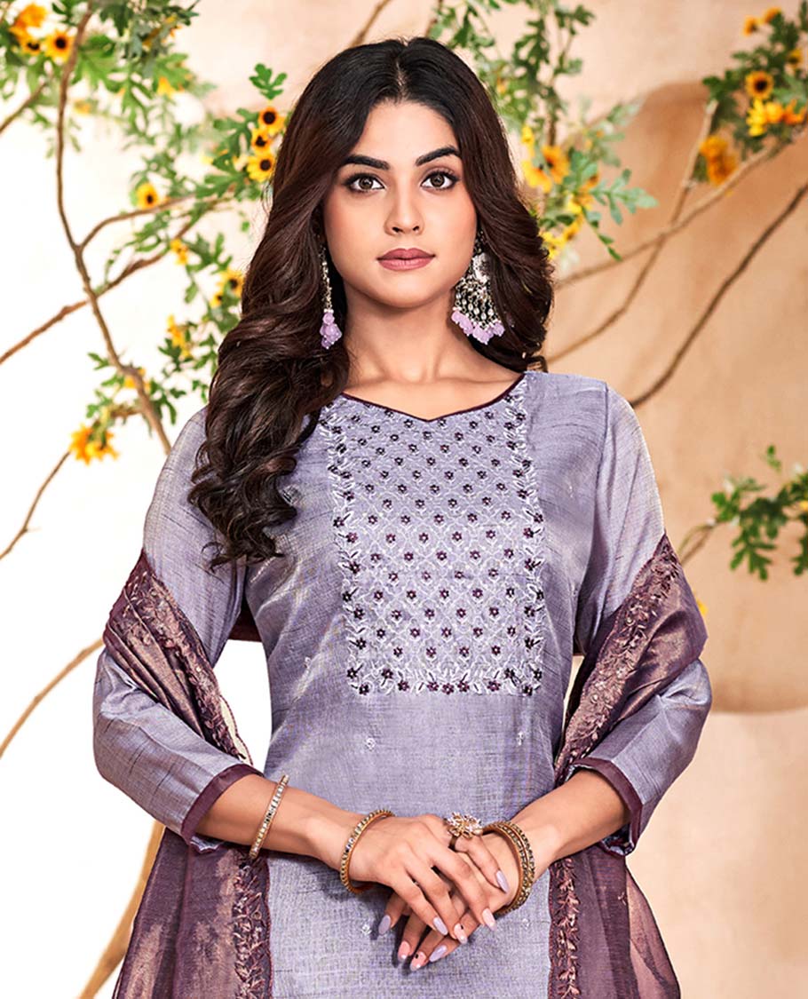 Grey material churidar catalog set,embroidered top, contrast pants & scallop embroidered dupatta