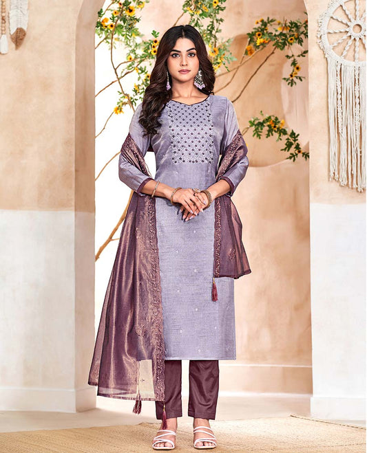 Grey material churidar catalog set,embroidered top, contrast pants & scallop embroidered dupatta