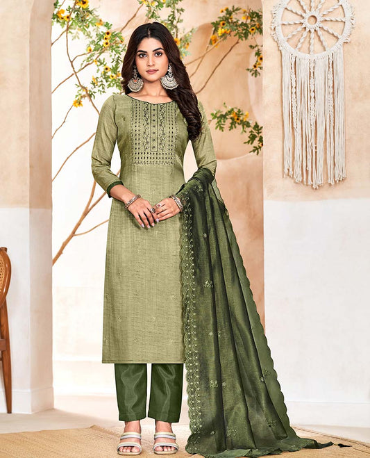 Green material churidar catalog set,embroidered top,contrast pants & scallop embroidered dupatta