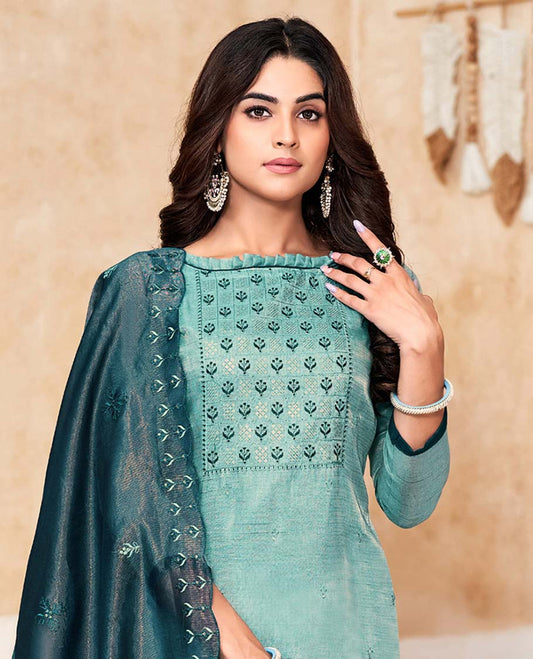 Blue material churidar catalog set,embroidered top,contrast pants & scallop embroidered dupatta