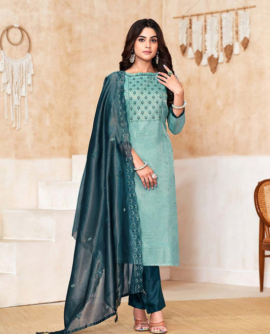 Blue material churidar catalog set,embroidered top,contrast pants & scallop embroidered dupatta