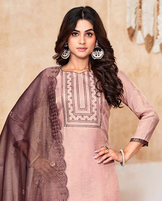 Pink material churidar catalog set,embroidered top,contrast pants & scallop embroidered dupatta