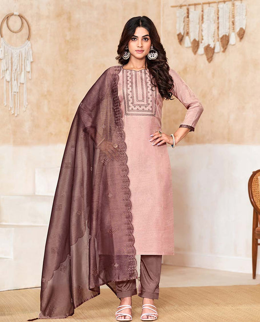Pink material churidar catalog set,embroidered top,contrast pants & scallop embroidered dupatta