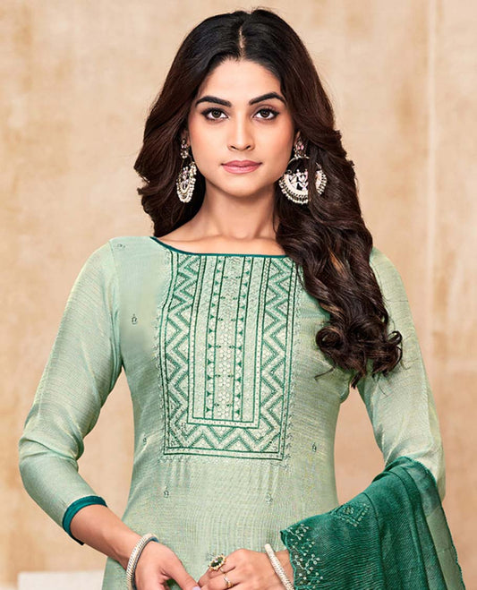 Green material churidar catalog set,embroidered top,contrast pants & scallop embroidered dupatta