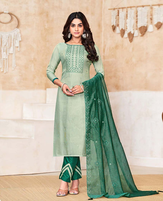 Green material churidar catalog set,embroidered top,contrast pants & scallop embroidered dupatta