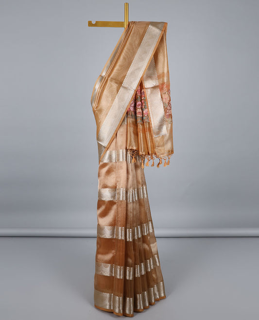Orange jacquard saree, traditional zari border & colorful floral embroidered pallu