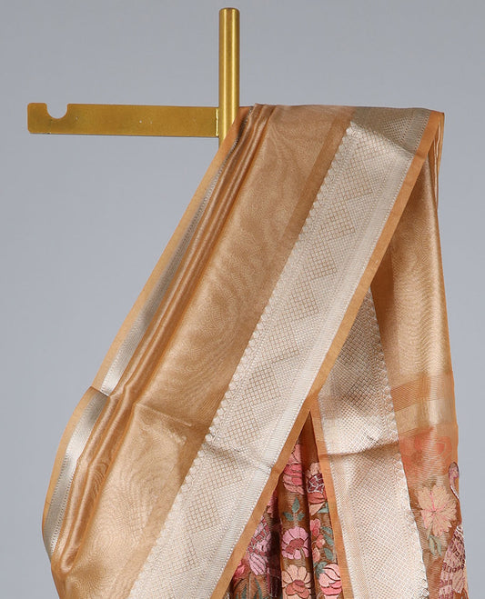 Orange jacquard saree, traditional zari border & colorful floral embroidered pallu