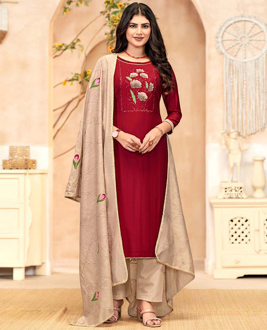 Maroon material churidar catalog set, floral neck work top, contrast pants & embroidered dupatta