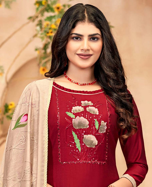 Maroon material churidar catalog set, floral neck work top, contrast pants & embroidered dupatta