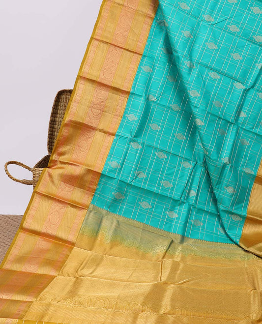 Blue checked & buttas silk saree, contrast border of rekku,rettai neli,kamalam,banaras & kodi visiry & jaal pallu