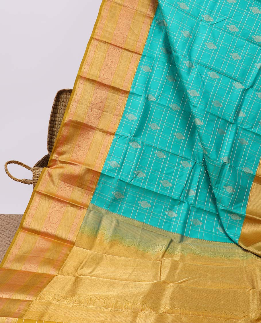 Blue checked & buttas silk saree, contrast border of rekku,rettai neli,kamalam,banaras & kodi visiry & jaal pallu