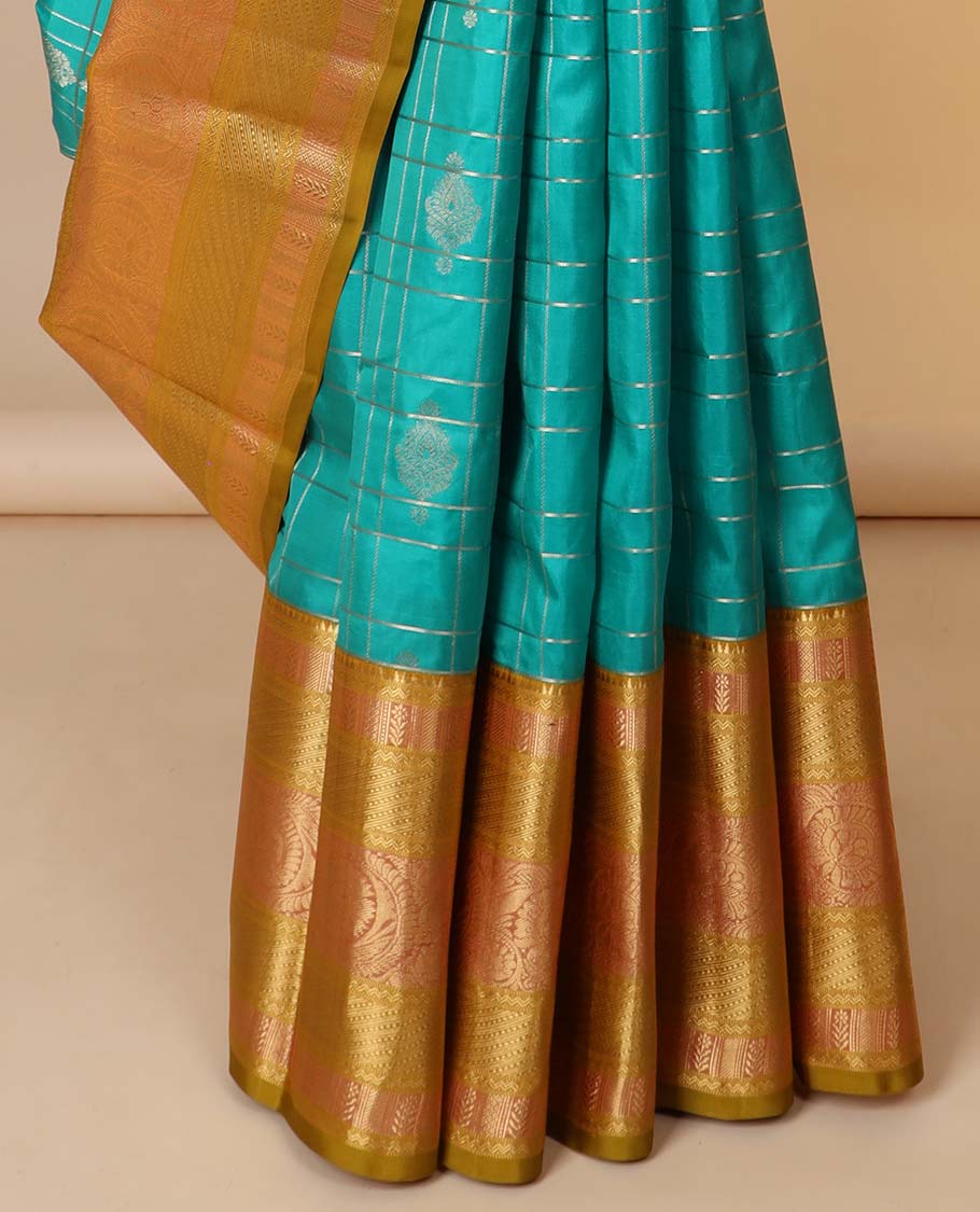 Blue checked & buttas silk saree, contrast border of rekku,rettai neli,kamalam,banaras & kodi visiry & jaal pallu
