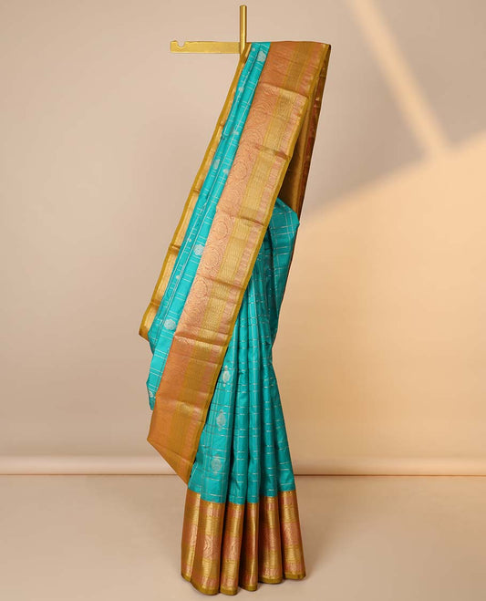 Blue checked & buttas silk saree, contrast border of rekku,rettai neli,kamalam,banaras & kodi visiry & jaal pallu
