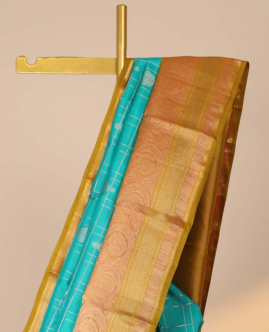 Blue checked & buttas silk saree, contrast border of rekku,rettai neli,kamalam,banaras & kodi visiry & jaal pallu