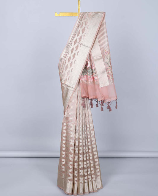 Pink jacquard semi-banaras tissue saree, chevron zari design border & pallu of floral & tree designs