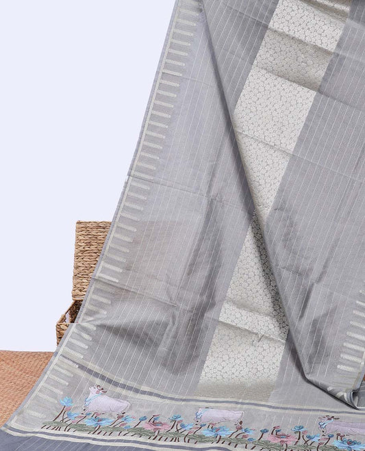 Grey stripes & kamalam semi-banaras tissue saree, zari design border & pallu of floral & pichwai cow embroidery