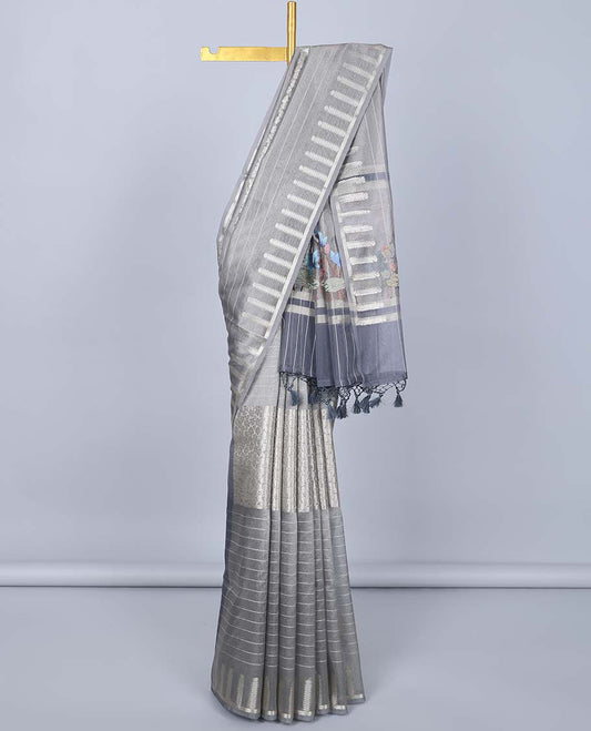 Grey stripes & kamalam semi-banaras tissue saree, zari design border & pallu of floral & pichwai cow embroidery