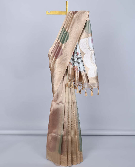 Gold jacquard semi-banaras tissue saree, floral design border & pallu of floral design